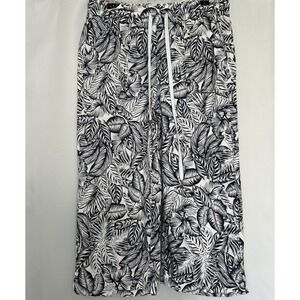 Land N Sea Women's Crop Pants Small Linen Tropical Palm Trees Navy White‎